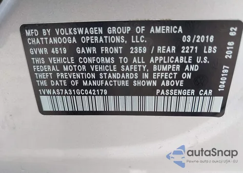 2016 Volkswagen Passat 1.8T S z USA, uszkodzony, nr VIN 1VWAS7A31GC042179